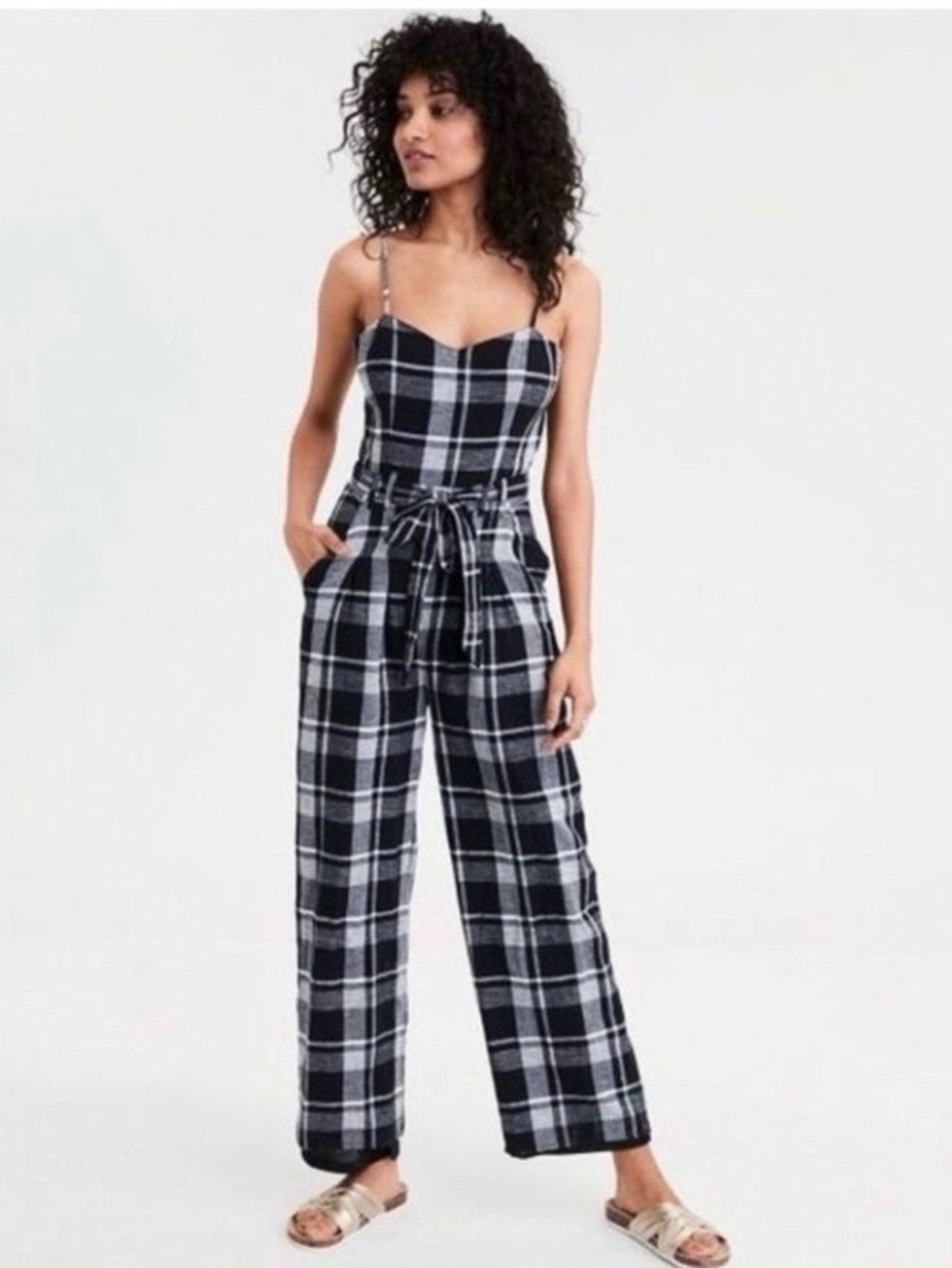 American Eagle AE Black Plaid Wide Leg jumpsuit Size XS